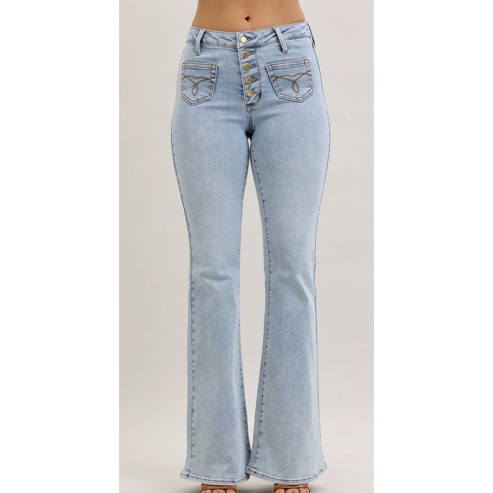 Judy Blue 1/25 Flare Light Wash Button Fly Denim Jeans Mid Rise Western JB881028